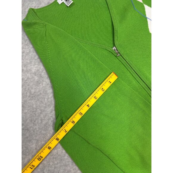 VTG IZOD Womens XL Preppy Argyle Zip Cardigan Bright Green Cotton Sweater - Picture 6 of 14